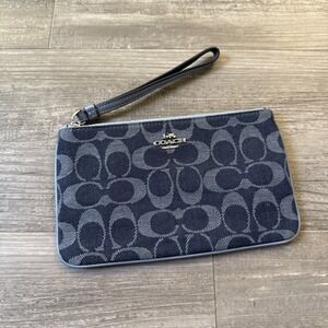 Coach Signature Jacquard Wristlet Wallet Blue Denim Zip
